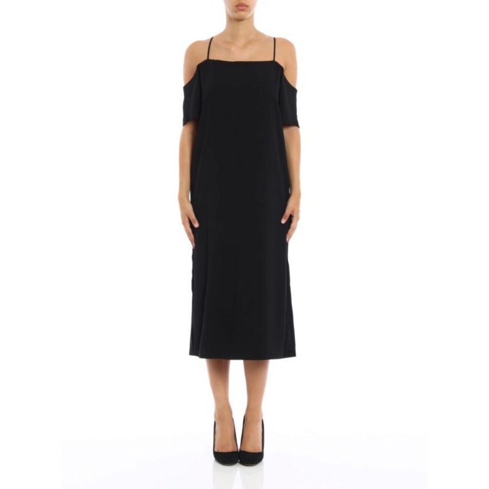 T by Alexander Wang Black Midi Slip Dress Off the Shoulder Crepe Cocktail Sz 8